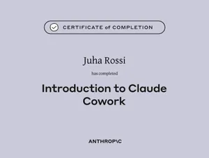 Certificate of completion for Introduction to Claude Cowork, issued by Anthropic to Juha Rossi